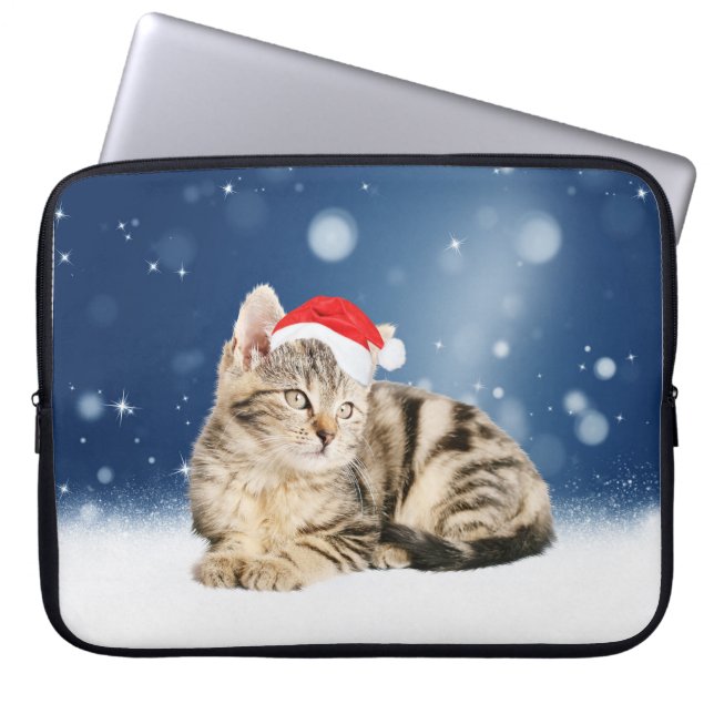 En Cute Cat med röd julhatt Snö Laptop Fodral (Framsidan)