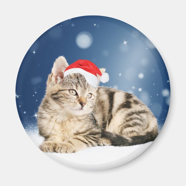 En Cute Cat med röd julhatt Snö Magnet (Framsidan)