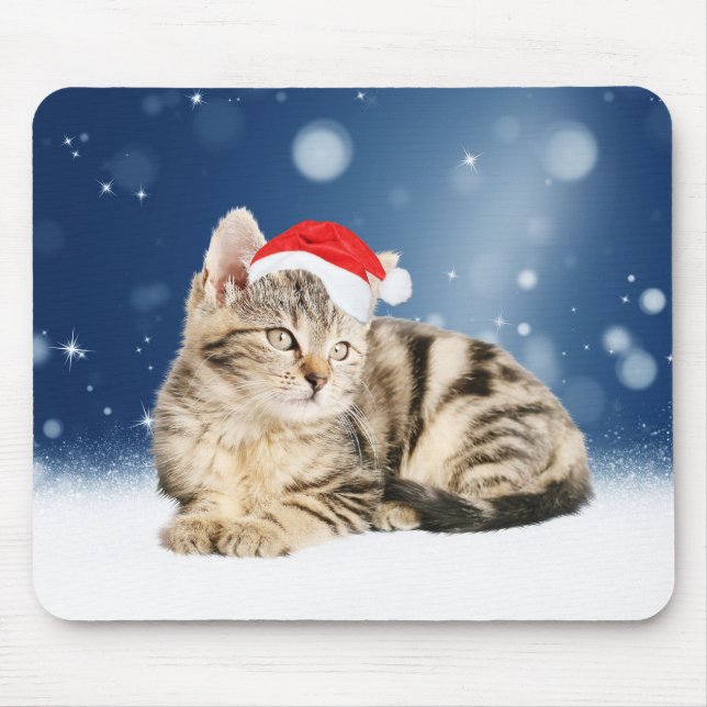 En Cute Cat med röd julhatt Snö Musmatta (Framsidan)