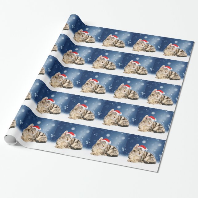 En Cute Cat med röd julhatt Snö Presentpapper (Utrullad)
