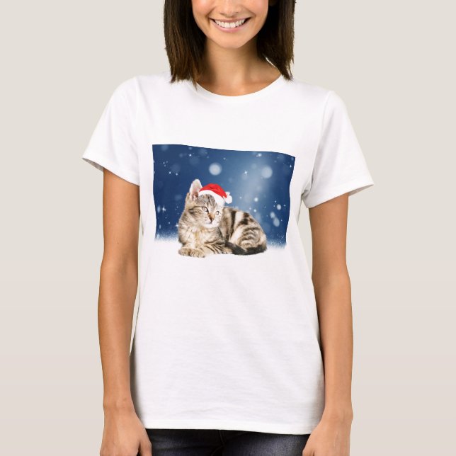 En Cute Cat med röd julhatt Snö T-shirt (Framsida)