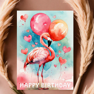 En Cute flamingo med balloners hjärtfödelsedag Kort