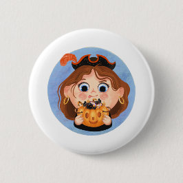 En cute flicka i en pirat Halloween-kostym Knapp