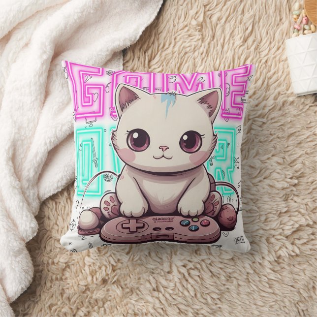 En Cute Kawaii Gamer Cat, spel över Kudde (Filt)