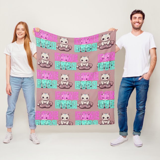 En Cute Kawaii Gamer Cat, spel över Mönster Fleecefilt (På plats)
