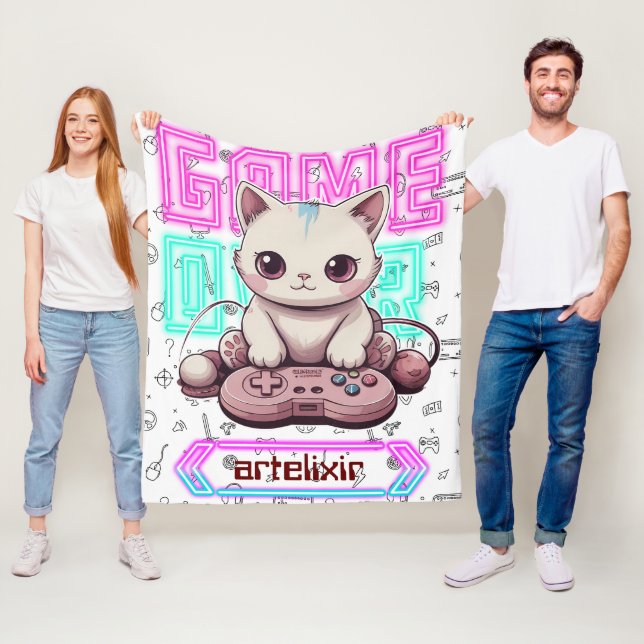 En Cute Kawaii Gamer Cat, spela över utskrift Fleecefilt (På plats)