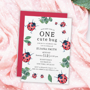 En Cute Kryp Watercolor Ladybug Girl 1 födelsedag Inbjudningar