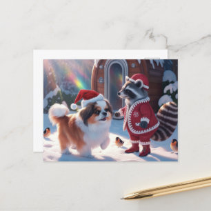 En Cute Raccoon och mycket Cute Hund God jul Vykort
