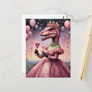 En Cute Rosa Dino i en säng Vykort