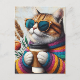 En dålig katt med kaffe vykort