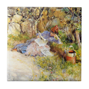 En dam som läser en tidning av Carl Larsson Kakelplatta