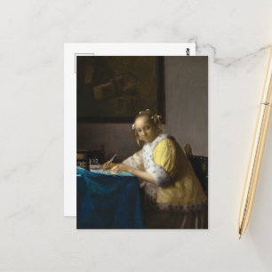 En dam som skriver av Johannes Vermeer Vykort