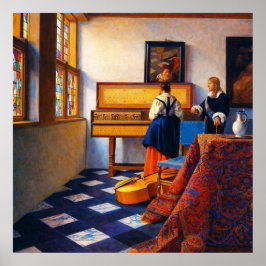 En dam vid virginaler med en herre poster