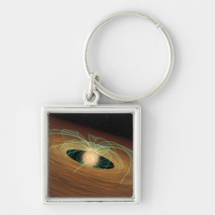En dammig planet-bilda disk i omlopp fyrkantig silverfärgad nyckelring