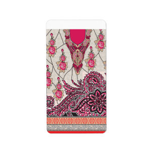 En dekorativ paisley-design med levande rött och s adressetikett