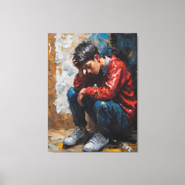 En deprimerad pojke ligger nere canvastryck (Framsida)