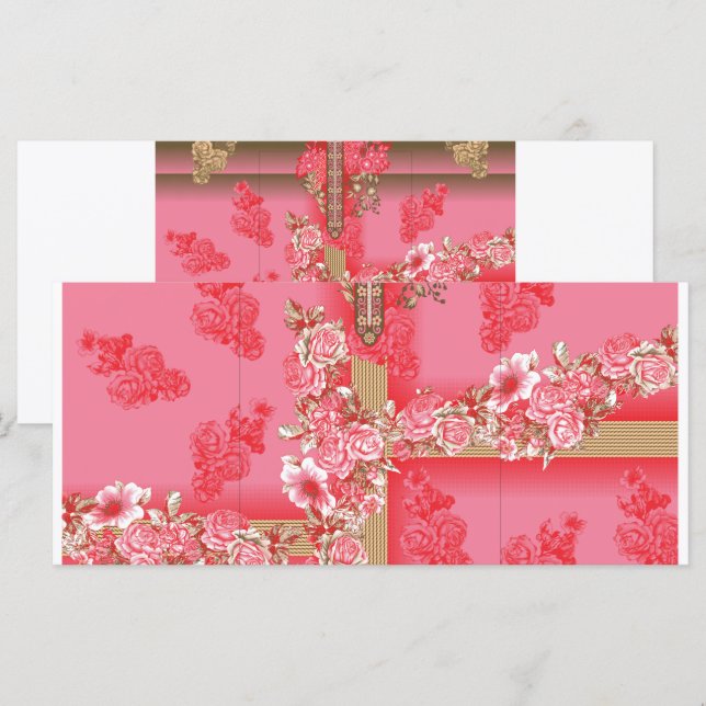 en design med rosa och guld bakgrund med en röd meny (Fram/baksida)