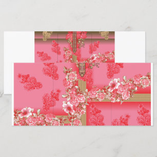 en design med rosa och guld bakgrund med en röd meny