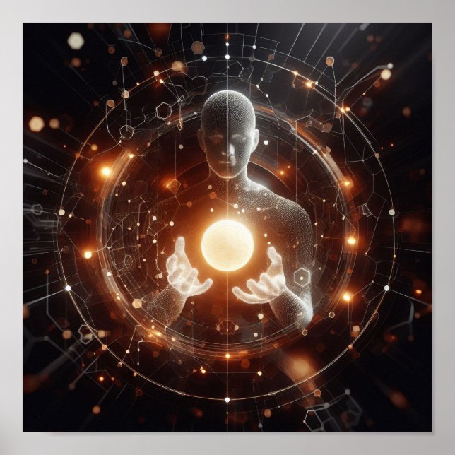 En digital livsform som interagerar med ett virtue poster (Framsidan)