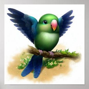 En digital målning av en Cute Indigo-Winged Parrot Poster