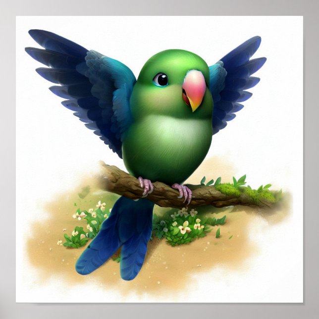 En digital målning av en Cute Indigo-Winged Parrot Poster (Framsidan)