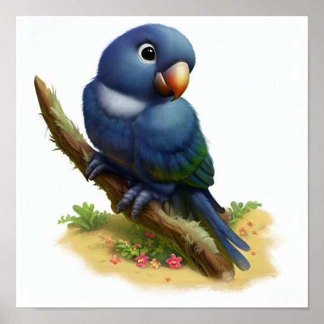 En digital målning av en Cute Indigo-Winged Parrot Poster (Framsidan)
