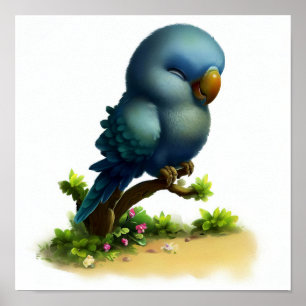En digital målning av en Cute Indigo-Winged Parrot Poster