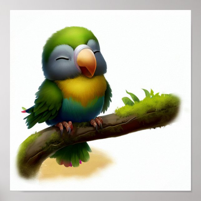 En digital målning av en Cute Merad Shining Parrot Poster (Framsidan)