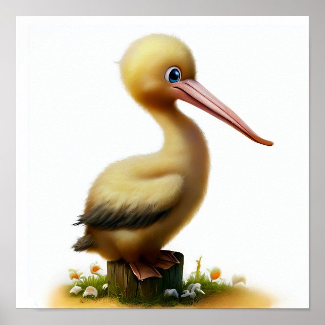 En digital målning av en Cute Young Pelican Poster (Framsidan)