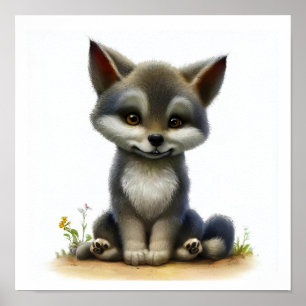 En digital målning av en Varg med tunn cute Poster