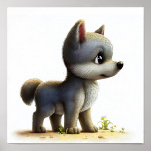En digital målning av en Varg med tunn cute Poster