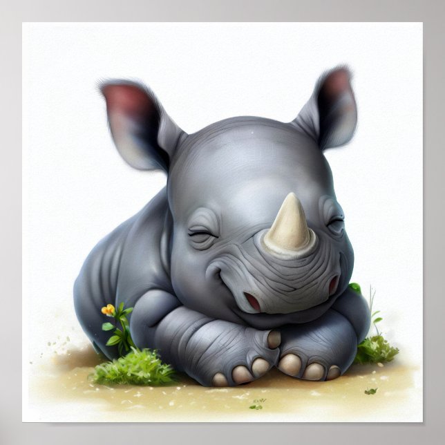 En digital målning av en Young Cute Rhinoceros Poster (Framsidan)