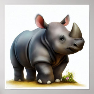 En digital målning av en Young Cute Rhinoceros Poster