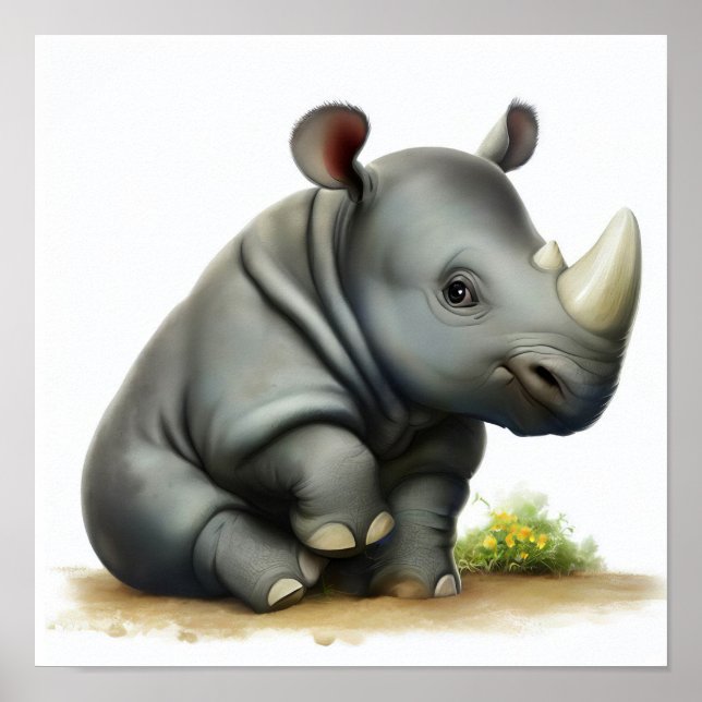 En digital målning av en Young Cute Rhinoceros Poster (Framsidan)