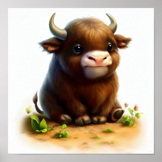 En digital målning av en Young Cute Vatten Buffalo Poster (Framsidan)