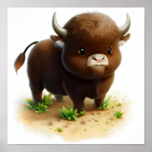 En digital målning av en Young Cute Vatten Buffalo Poster