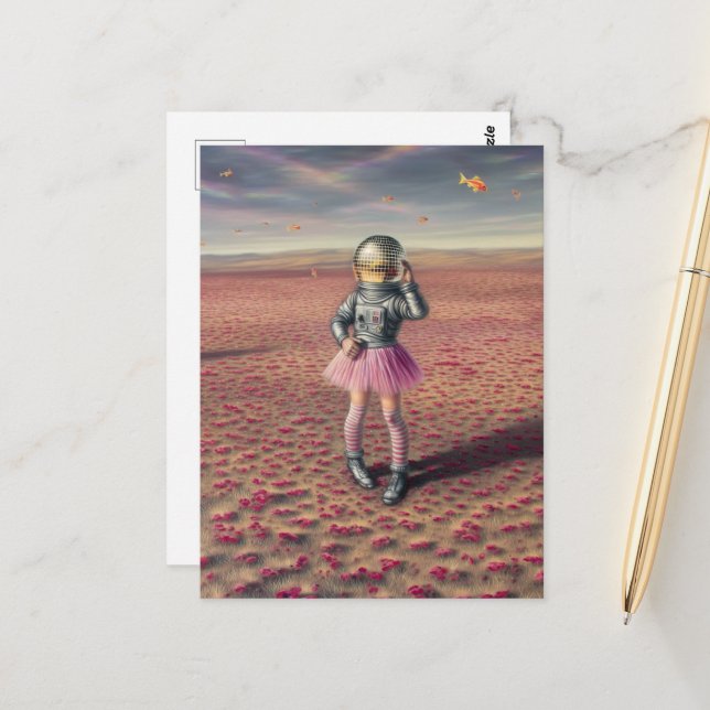 En dikoastronaut i vallmosträdande guldfisk vykort (Fram/Back In Situ)