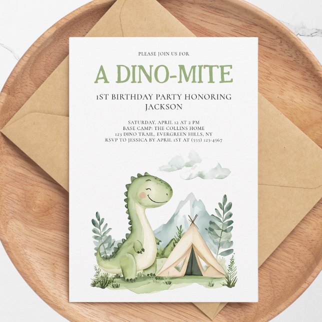 En Dino-mite Pojkars Grön Dinosaurie 1:a Födelseda Inbjudningar (A Dino-mite Boys Green Dinosaur 1st Birthday Party Invitation)