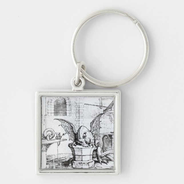 En drake i ett seminarium fyrkantig silverfärgad nyckelring (Framsidan)