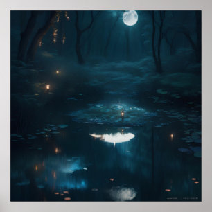 En Dreamy Moonlit-damm i en tät skog Poster