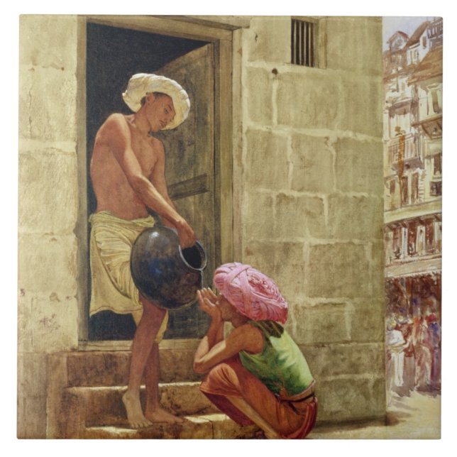 En drink på långt, 1876 (w/c på papper) kakelplatta (Framsidan)