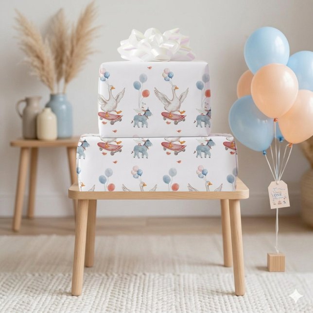 En dum gås 1-års födelsedag akvarellhälsning presentpapper (Whimsical "One Silly Goose" wrapping paper-perfect for a personalized 1st birthday touch!)