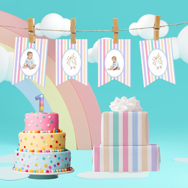 En dum gås 1-års födelsedagsfoto akvarell vimplar ("One Silly Goose" Photo Banner! Personalized 1st birthday bunting with adorable watercolor art.)