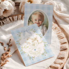 En dum gås blå gingham foto 1-årsdag inbjudningar