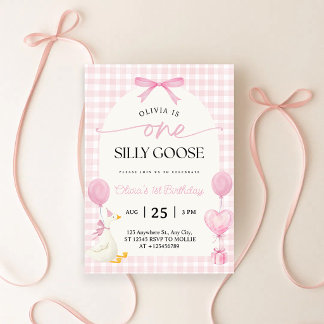 En dum gås blå rosa Gingham 1-års födelsedag Inbjudningar