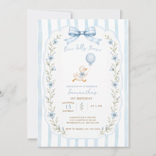 En dum gås blå rosett flicka 1-årsdag  inbjudningar (Framsida)