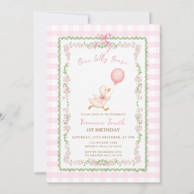 En dum gås blommig ram flicka 1-årsdag inbjudningar (Framsida)
