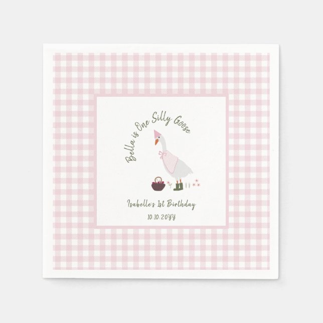 En dum gås flickor rosa Gingham 1-års födelsedag  Pappersservett (Framsidan)