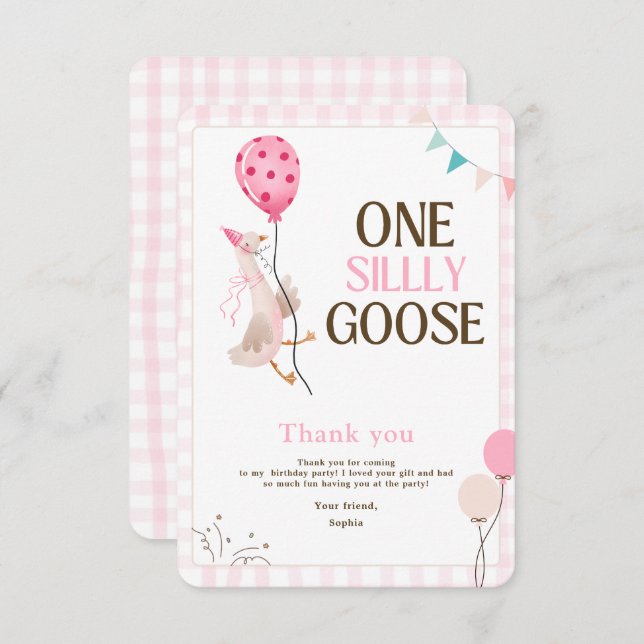 En dum gås födelsedag, 1:a födelsedagsflicka rosa tack kort (Fram/baksida)