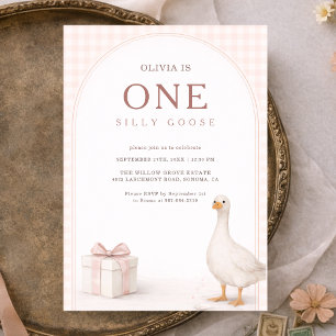 En dum gås gingham rosa rosett flicka 1-årsdag inbjudningar